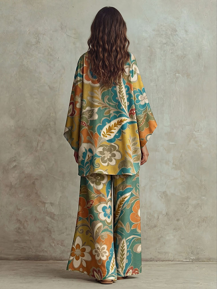 Retro Ethnic Style Paisley Print Flowing Batwing Sleeve Suit