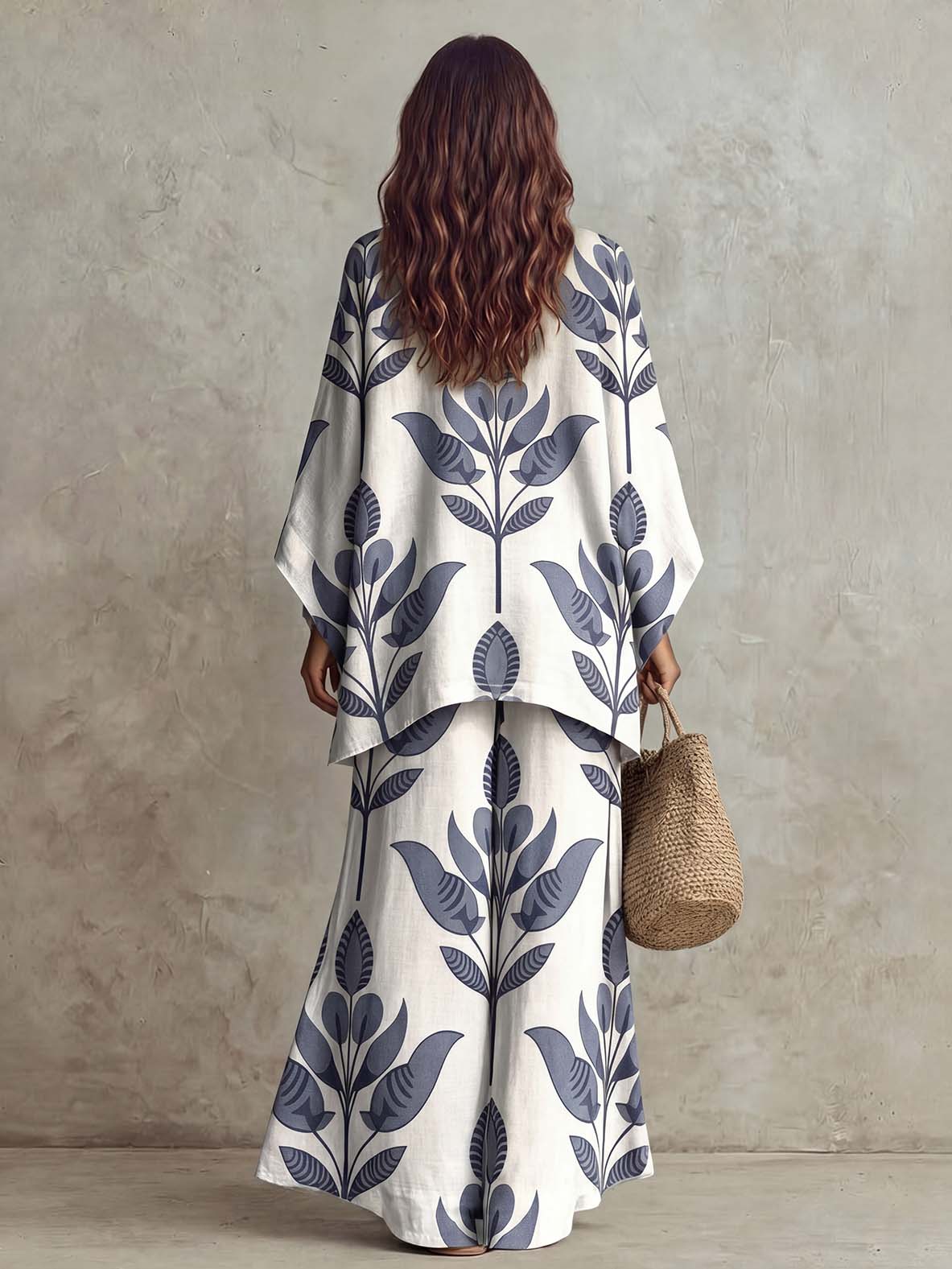 Casual Leaf Print Batwing Sleeve Loose Two-Piece Set