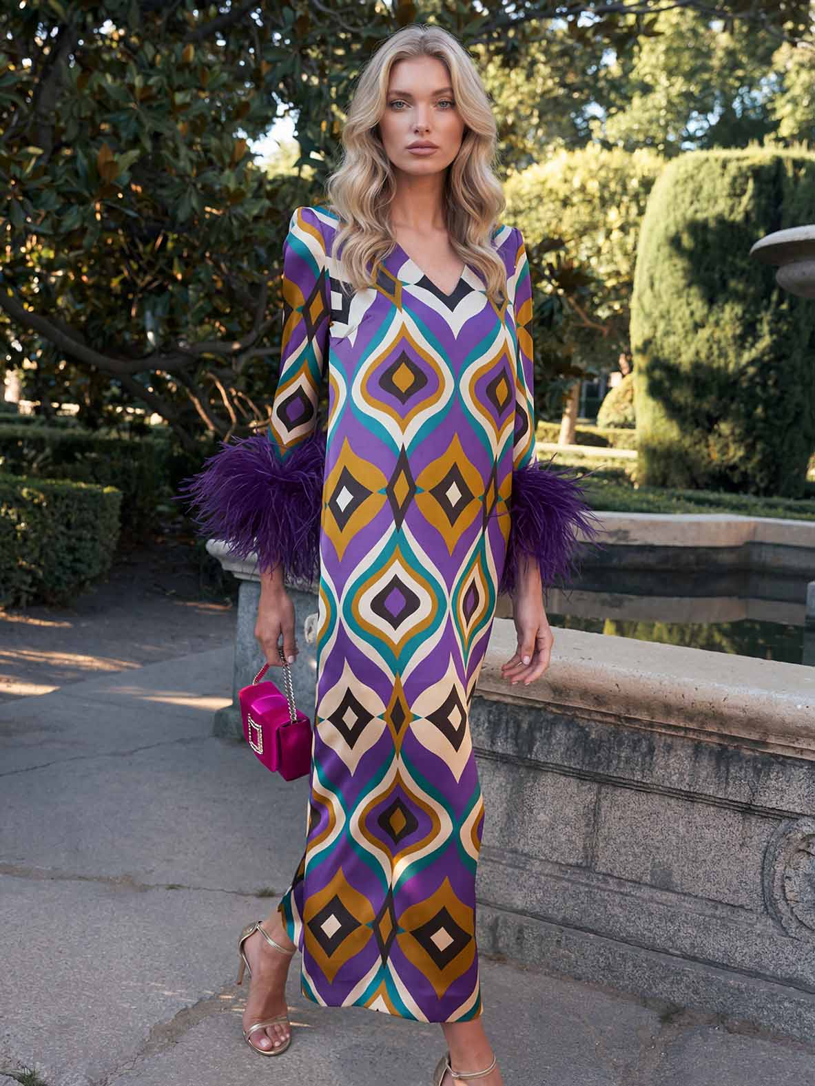 Elegant Geometric Print Feather Cuff Satin Maxi Dress