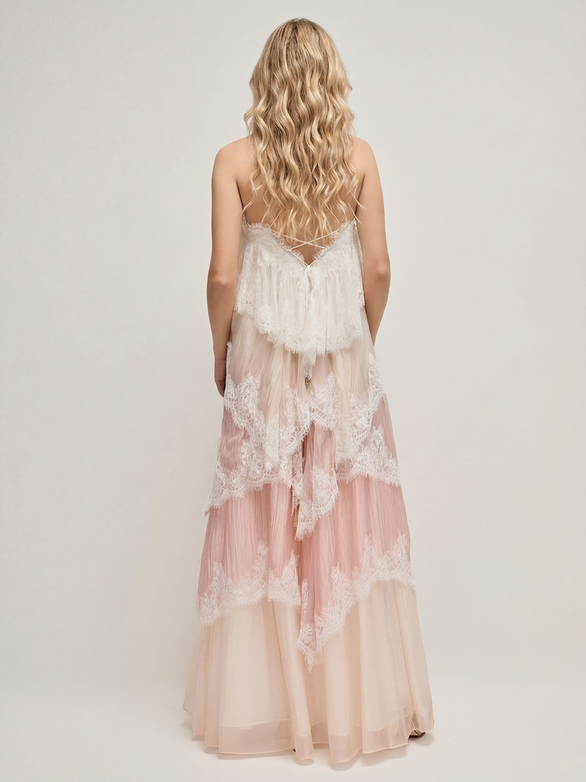 Ombre Tiered Lace Trim Spaghetti Strap Maxi Dress