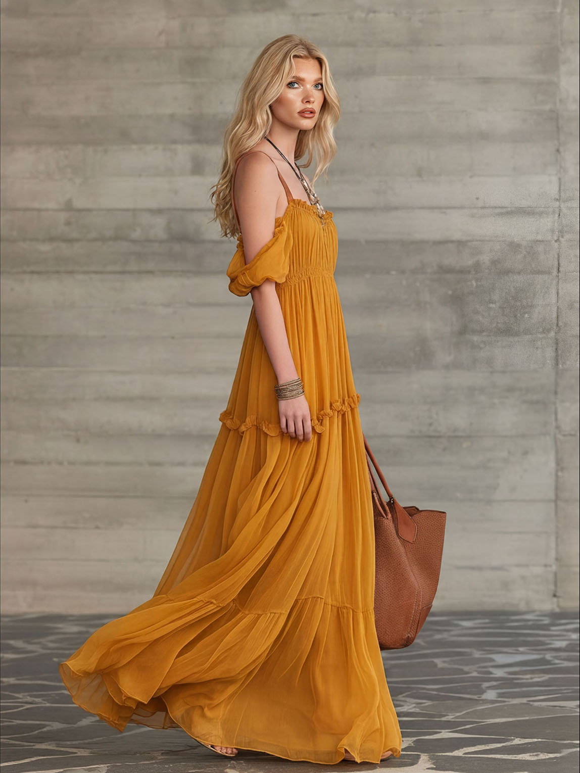Bohemian Off-Shoulder Ruffle Chiffon Maxi Dress