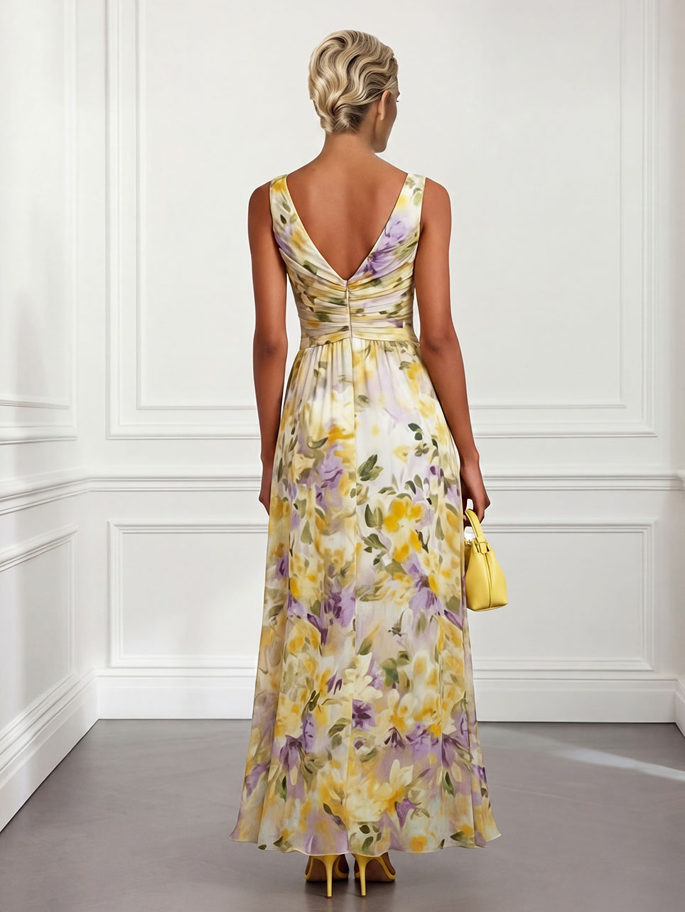 Elegant Sleeveless Twist Waist Floral Print Chiffon Maxi Dress