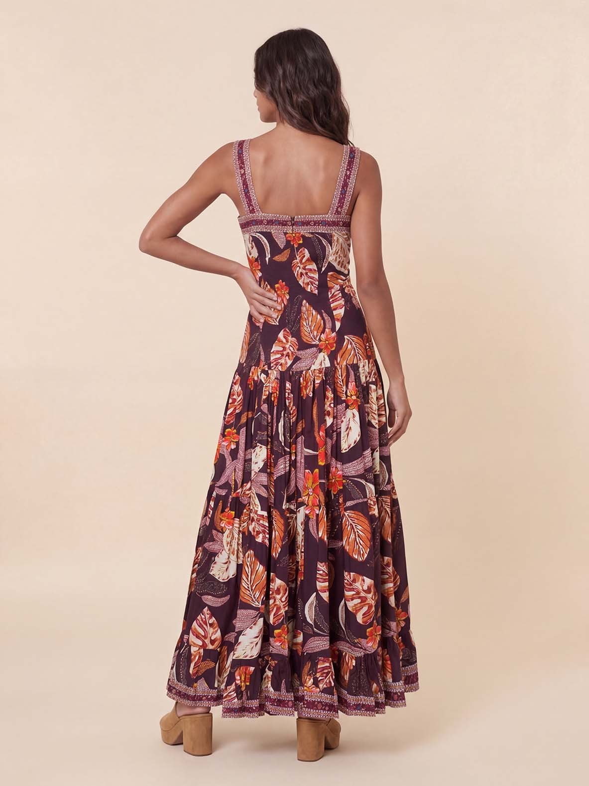 Square Neck Tropical Leaf Print Tiered Maxi Dress