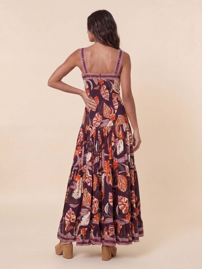 Square Neck Tropical Leaf Print Tiered Maxi Dress