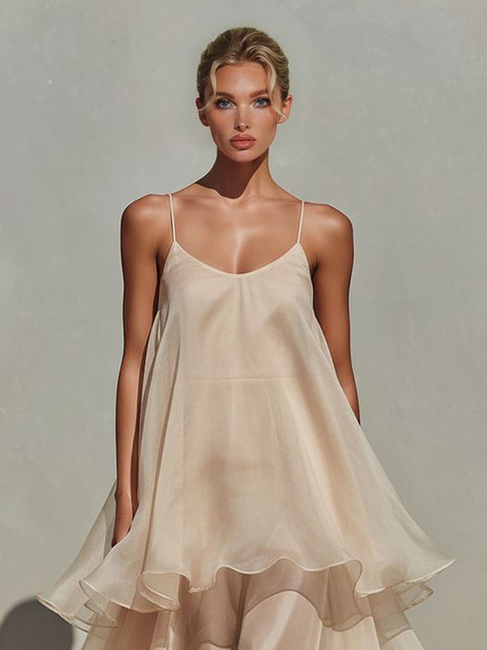Elegant Spaghetti Strap Tiered Ruffle Flowy Maxi Dress