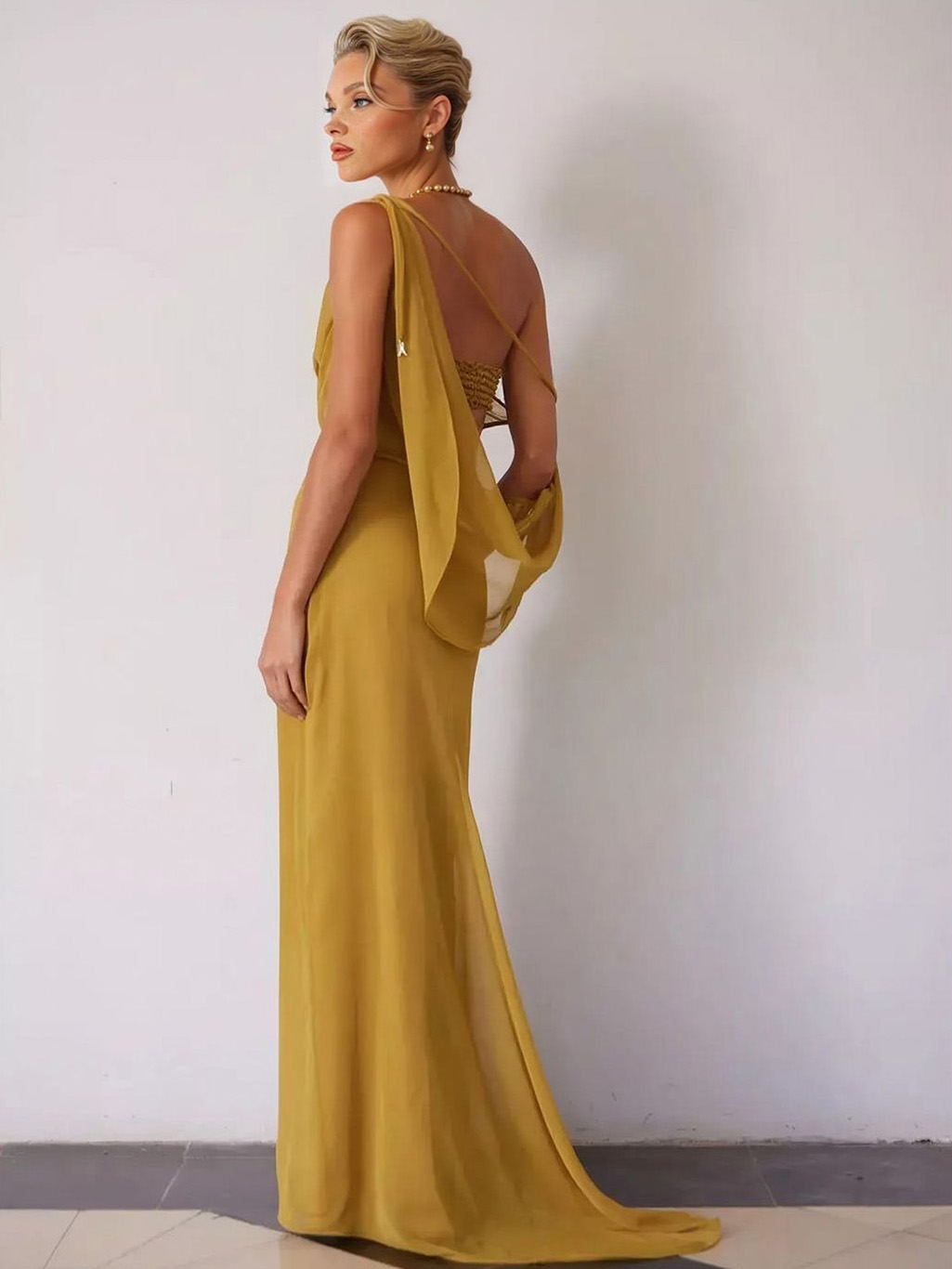 Elegant One-Shoulder Ruched Waist Flowy Maxi Dress