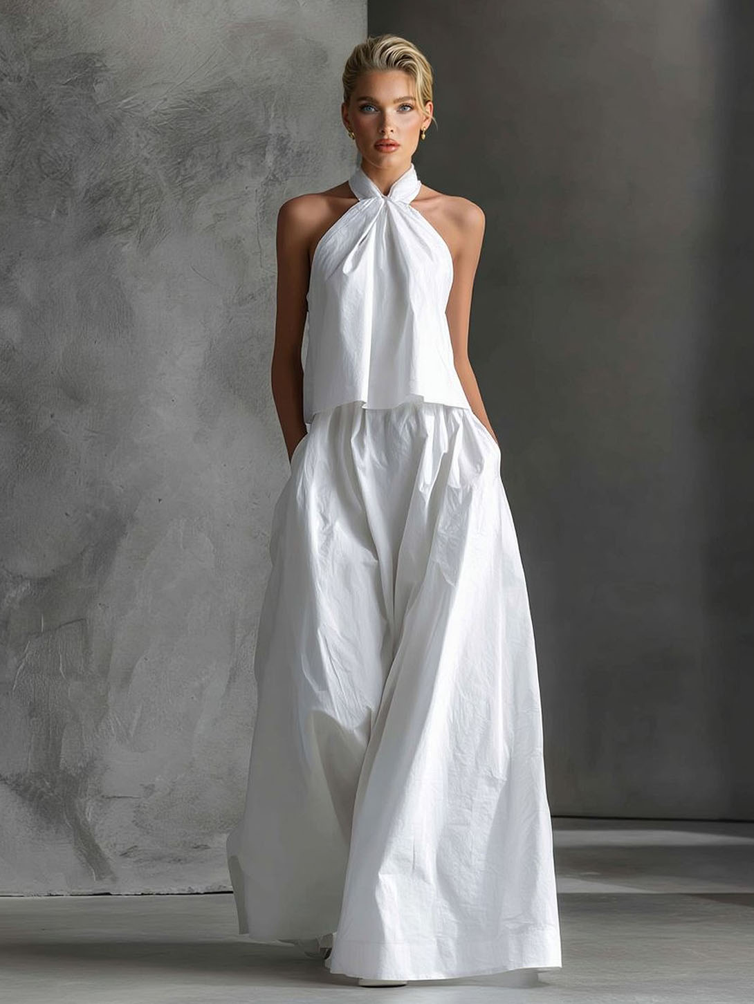 Elegant Halter Neck Top & Wide-Leg Pants Two-Piece Set