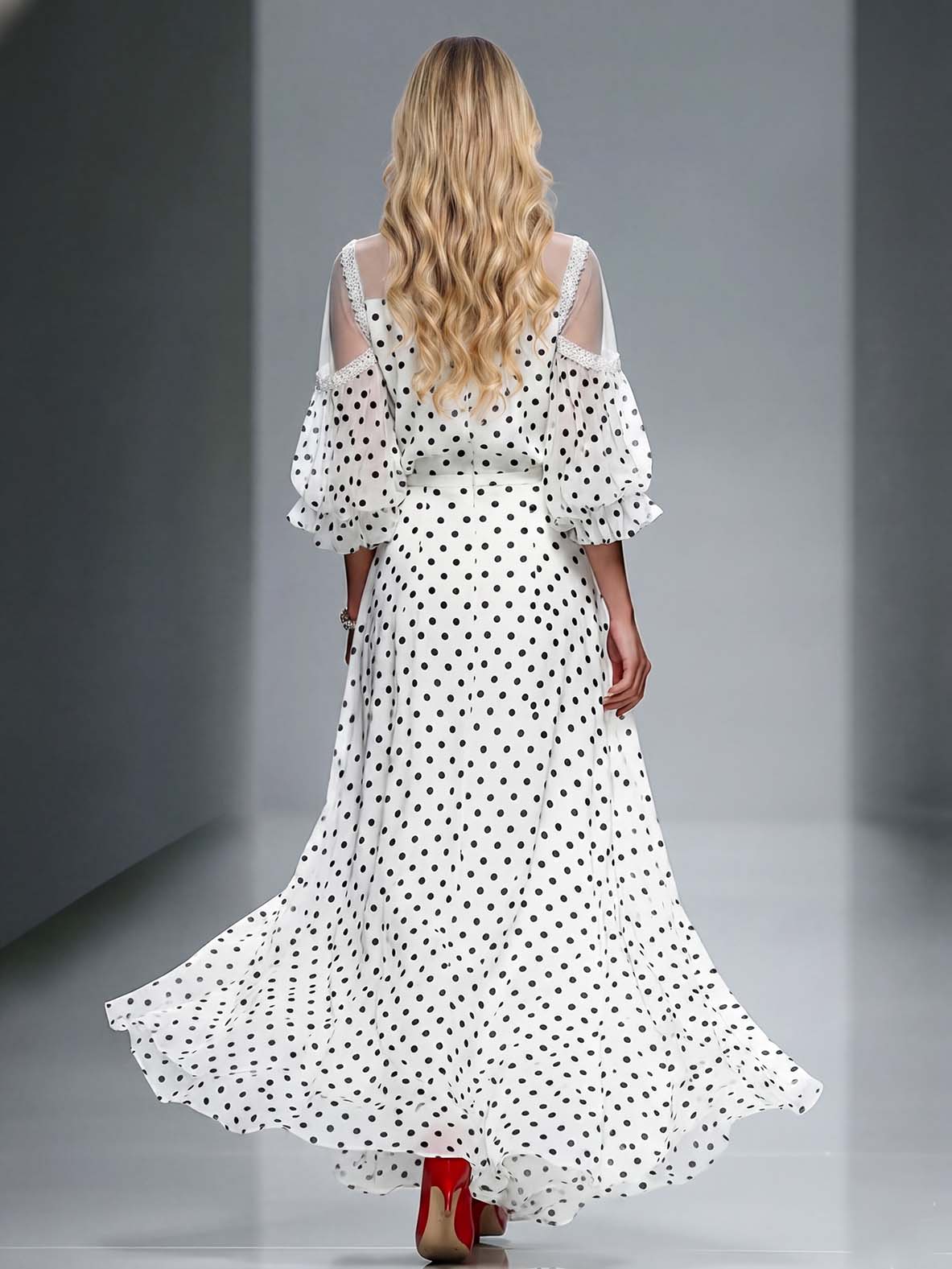 Elegant Polka Dot Sheer Sleeve Top & Maxi Skirt Two-Piece Set