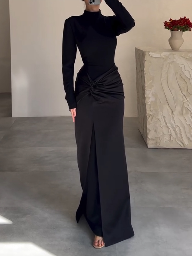 Elegant High Neck Twist Slit Maxi Dress