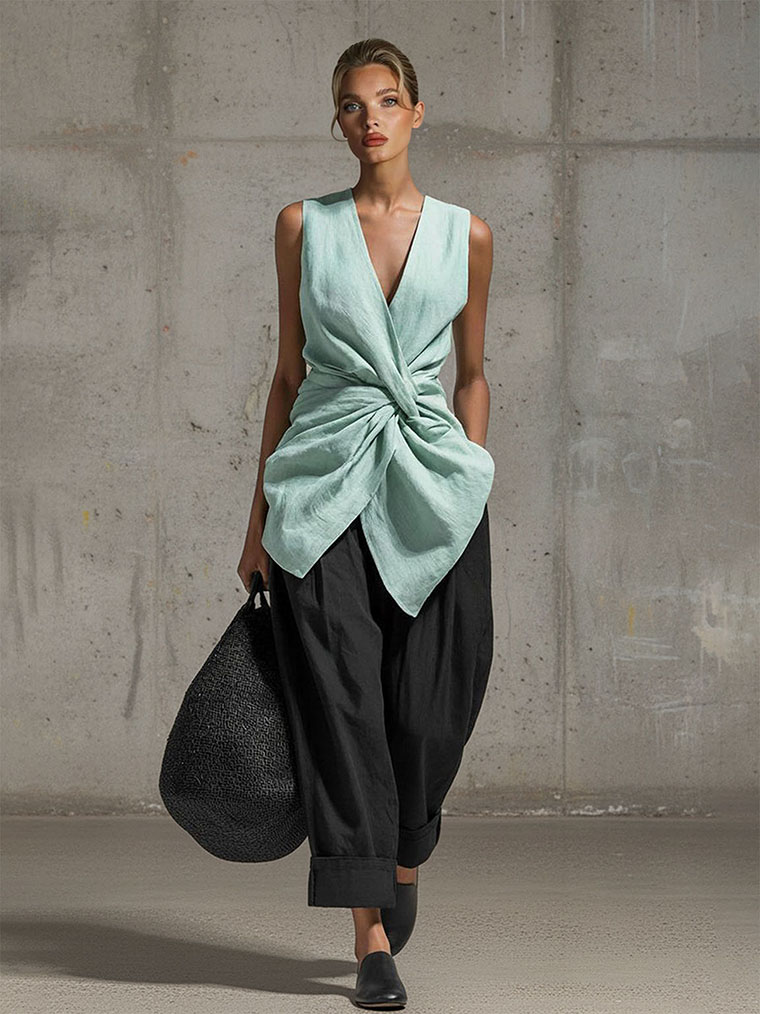 Casual Twist Front V-Neck Top & Pants Two-Piece Set