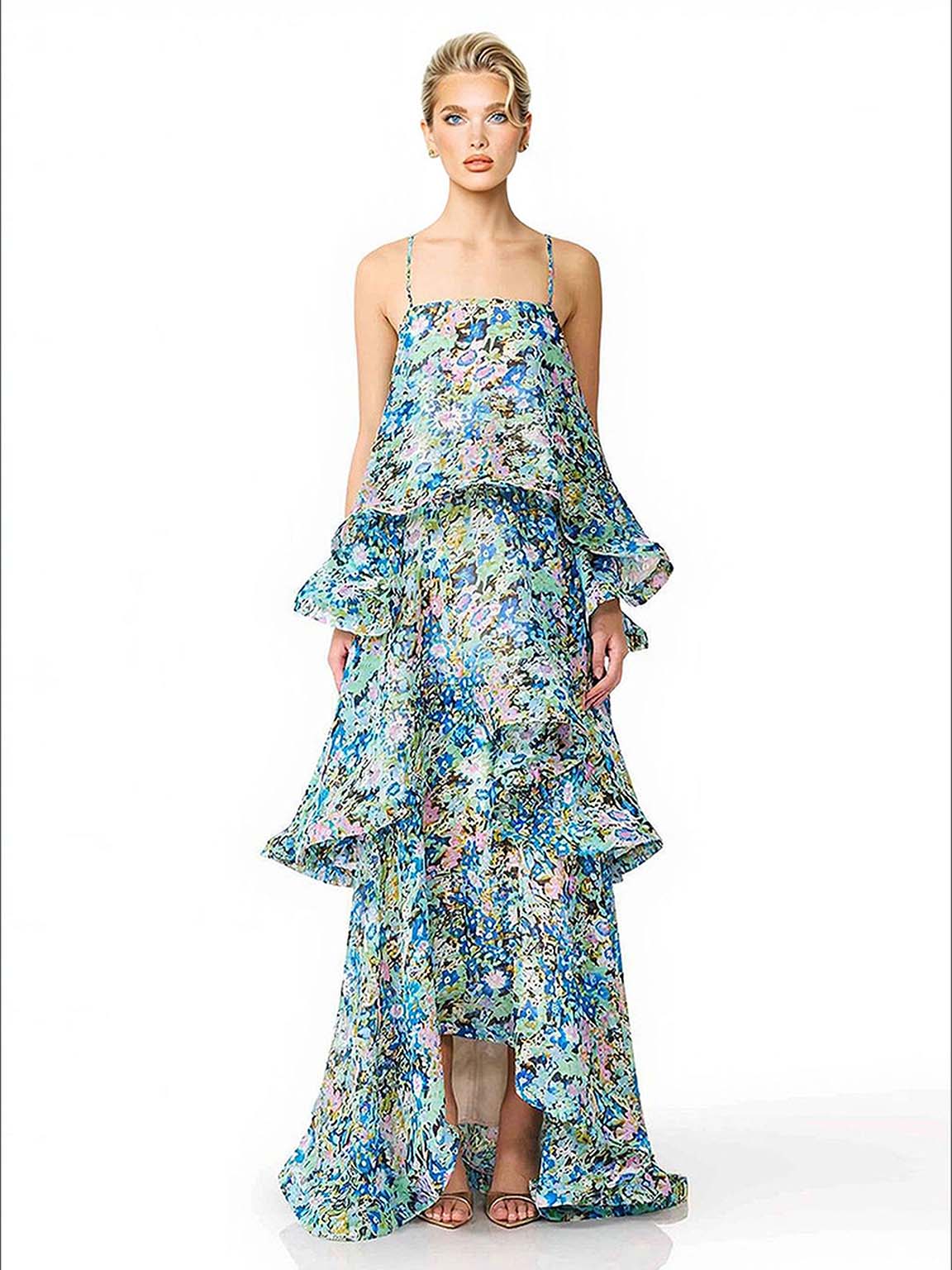 Elegant Vibrant Floral Print Tiered Ruffle Maxi Dress