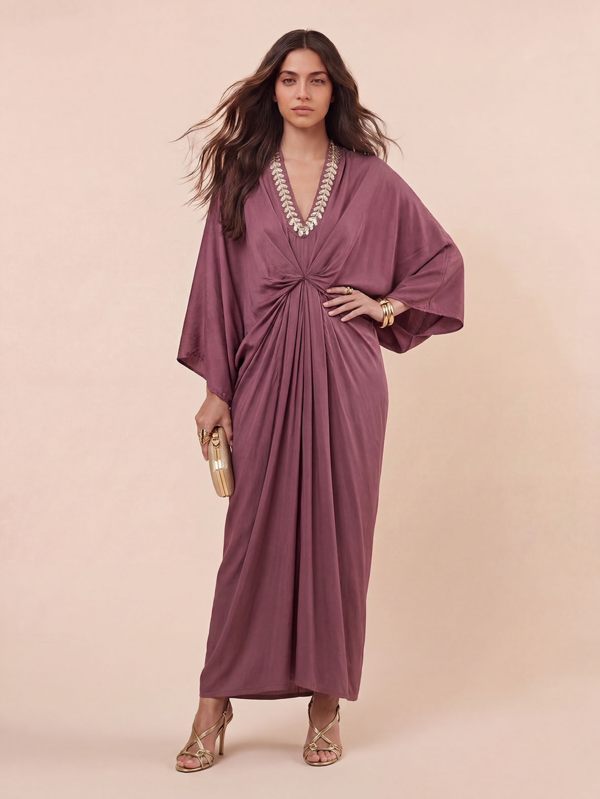 Casual V-Neck Twist Waist Batwing Sleeve Kaftan Maxi Dress