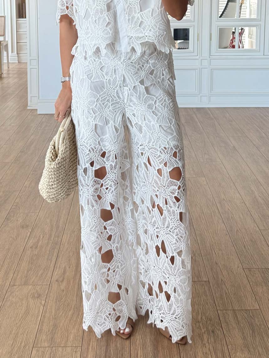 Casual Cutout Lace Wide-Leg Pants