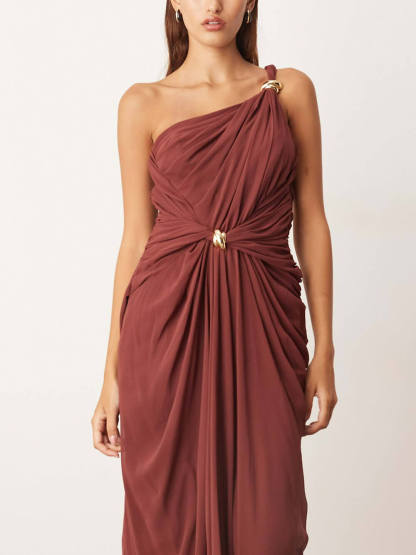 Elegant One-Shoulder Draped Twist Metal Trim Maxi Dress