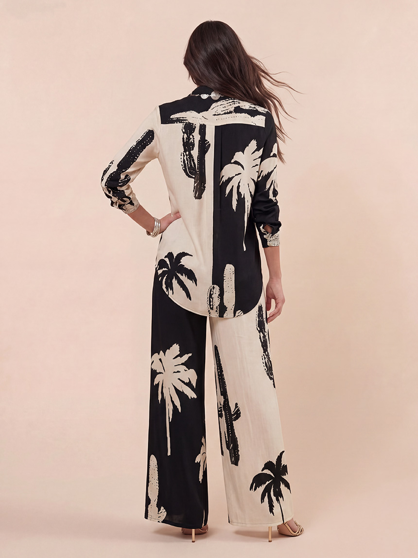 Bohemian Palm Print Colorblock Shirt Two-Piece Set