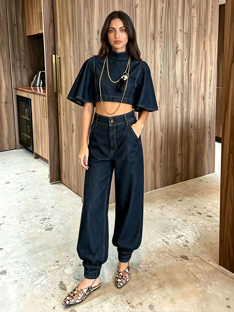 Modern Denim Cape Top & High-Waist Tapered Pants Two-Piece Set