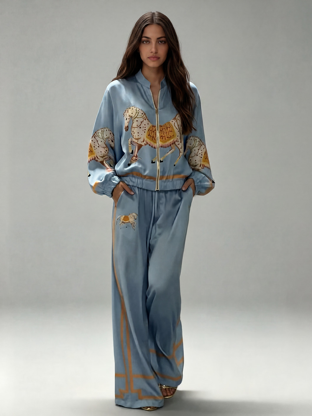 Exquisite Satin Horse Print Zip-Up Shirt – Likemychoice