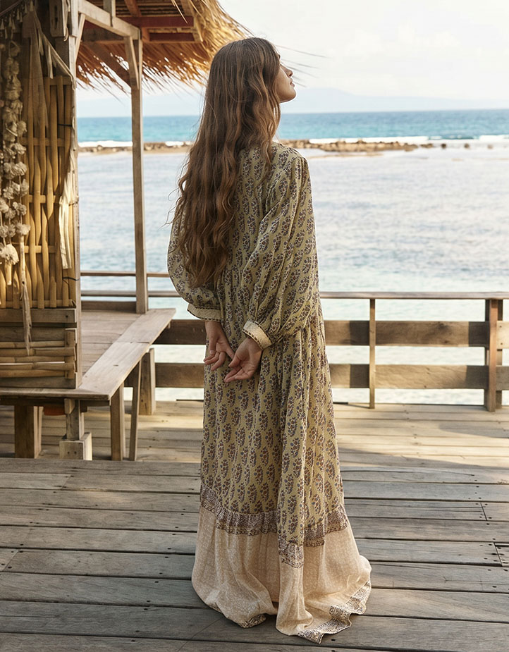 Retro Casual Print V-Neck Tiered Flowing Beach Maxi Dress