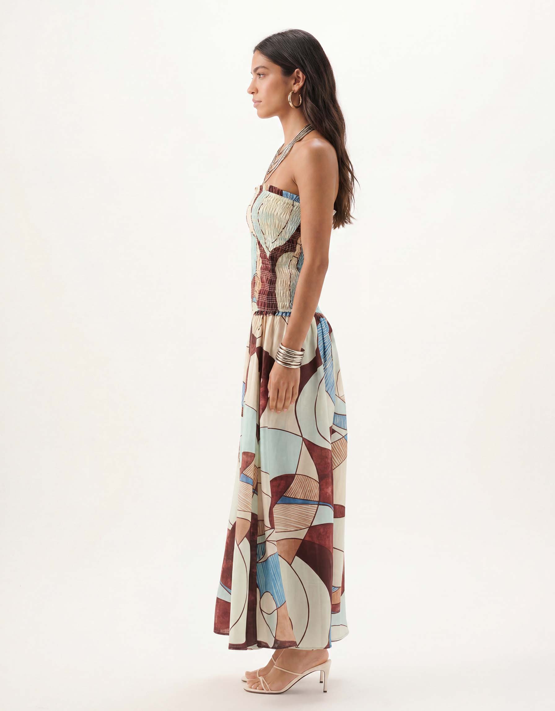 Exquisite Strapless Ruched Abstract Geometric Print Tiered Maxi Dress