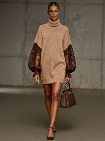 Elegant Lace Sleeve Plush Turtleneck Sweater Dress