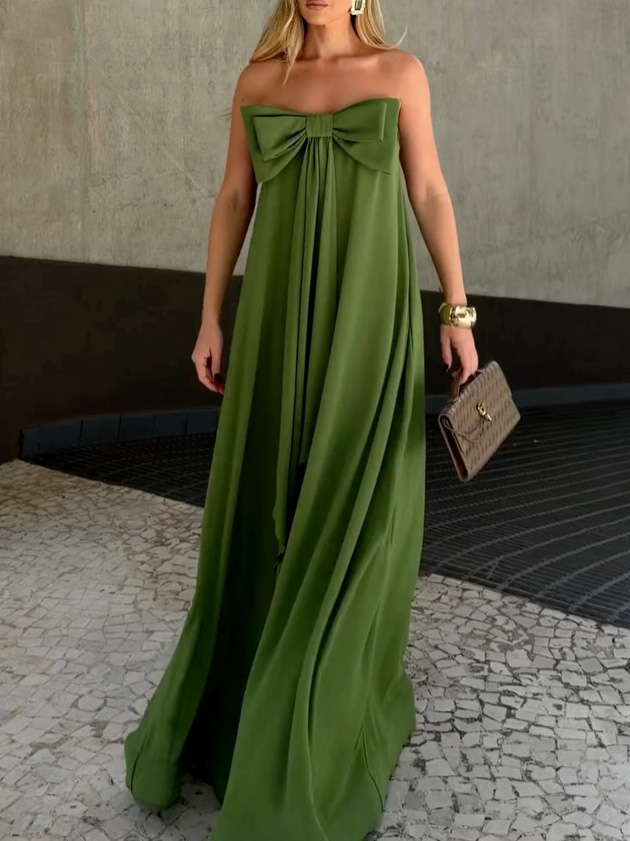 Elegant Strapless Bow Detail Flowy Maxi Dress
