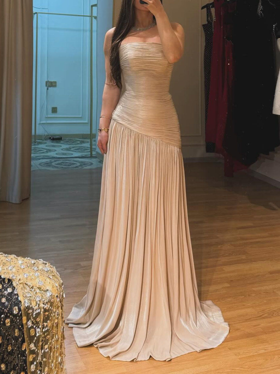 Elegant Strapless Ruched Satin Mermaid Evening Dress