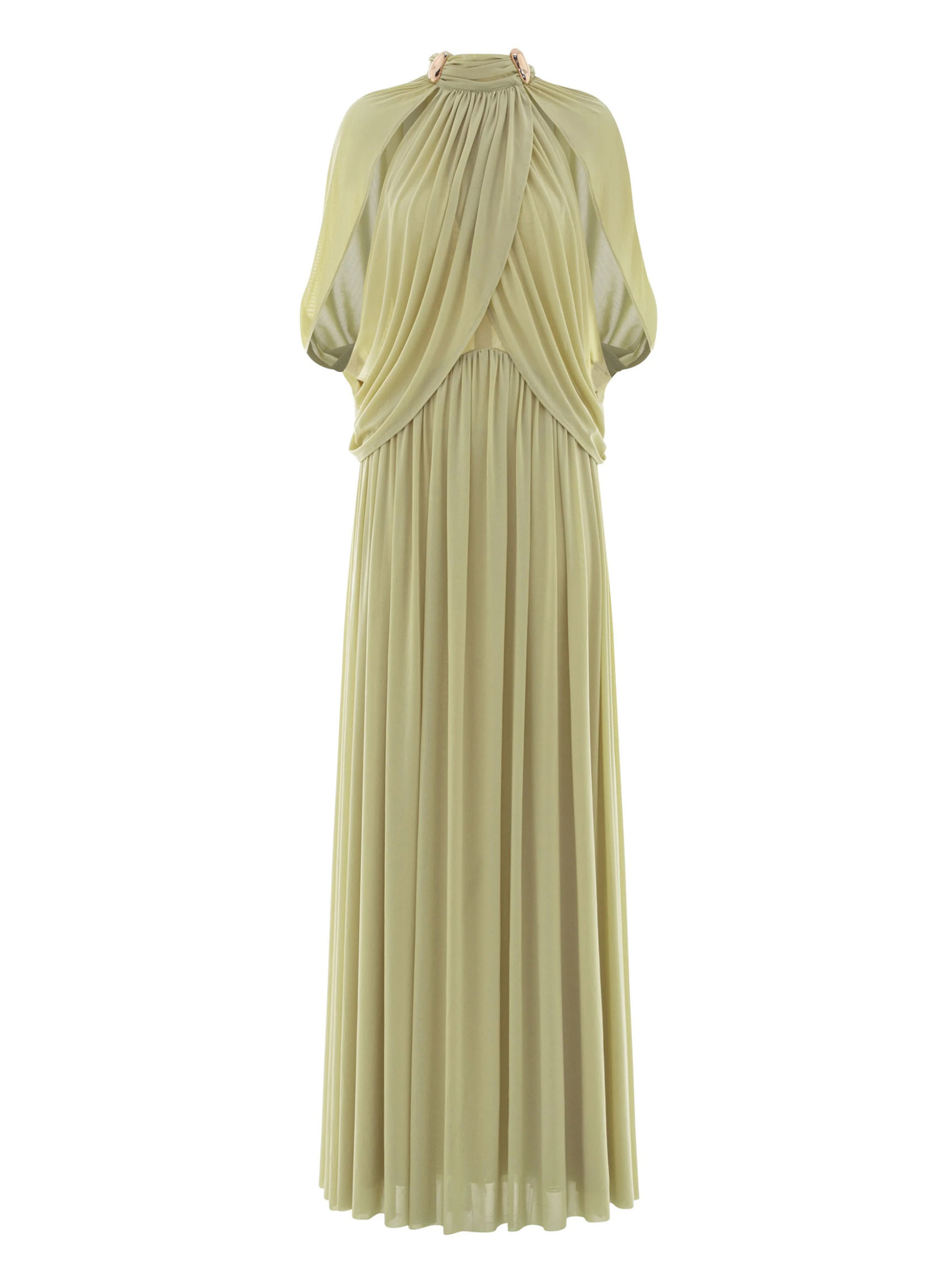 Vestido largo formal con capa plisada de cuello alto