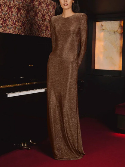 Elegant Metallic Open-Back Long-Sleeved Maxi Dress