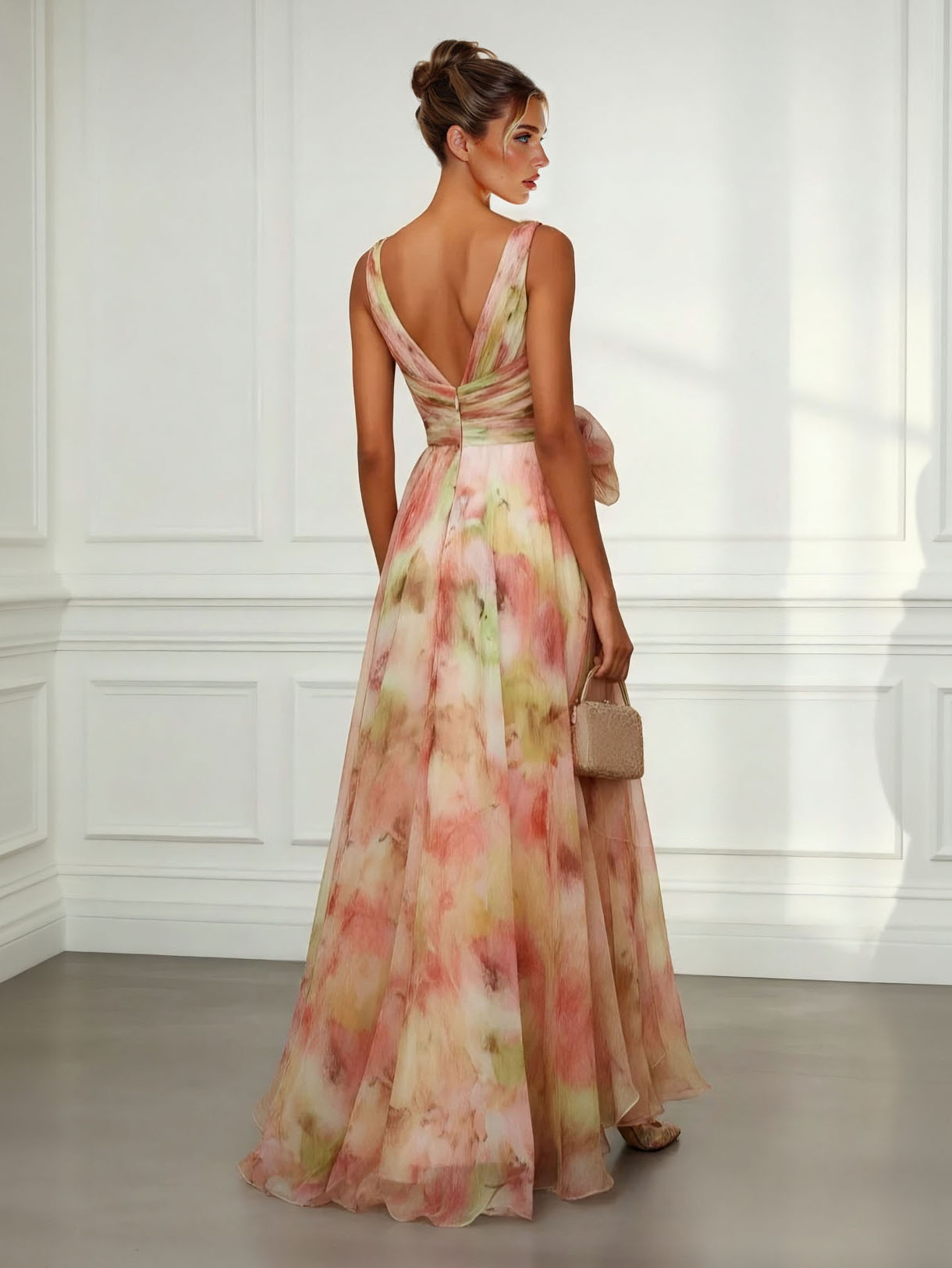 Elegant Abstract Print V-Neck Tie-Waist Maxi Dress