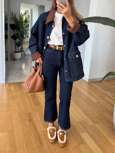 Casual Denim Big Pocket Metal Buckle Loose Coats