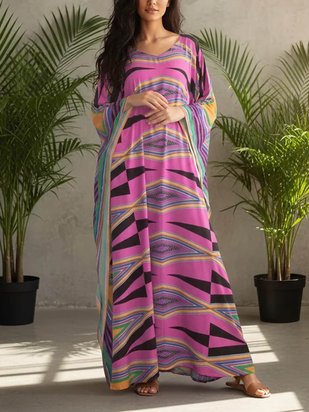 Retro Diamond Print Kimono Kaftan Beachwear Maxi Dress