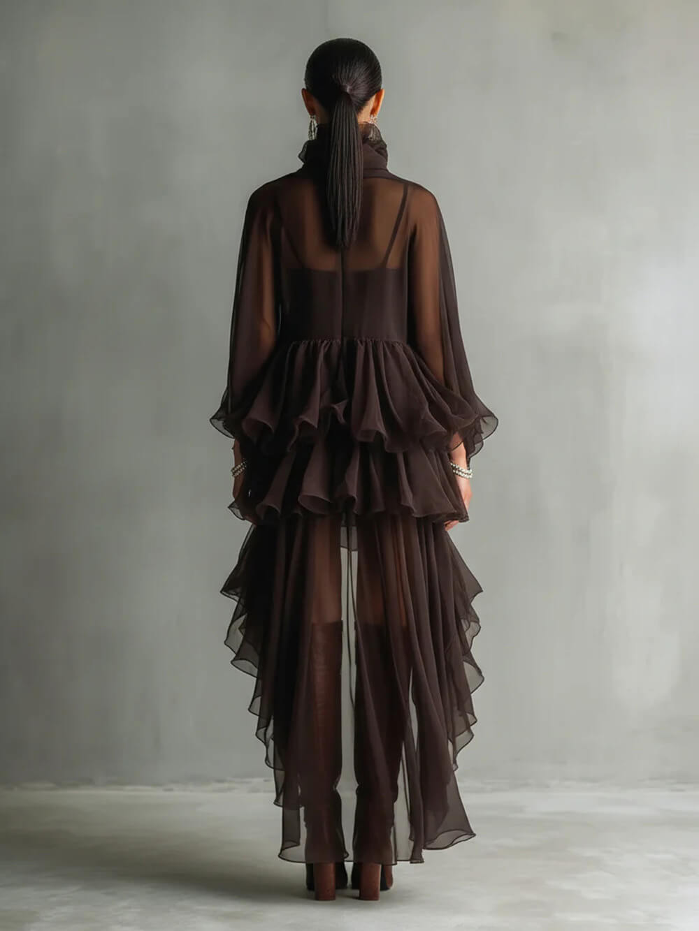 Elegant Ruffled Chiffon High-Neck Loose Midi Dress