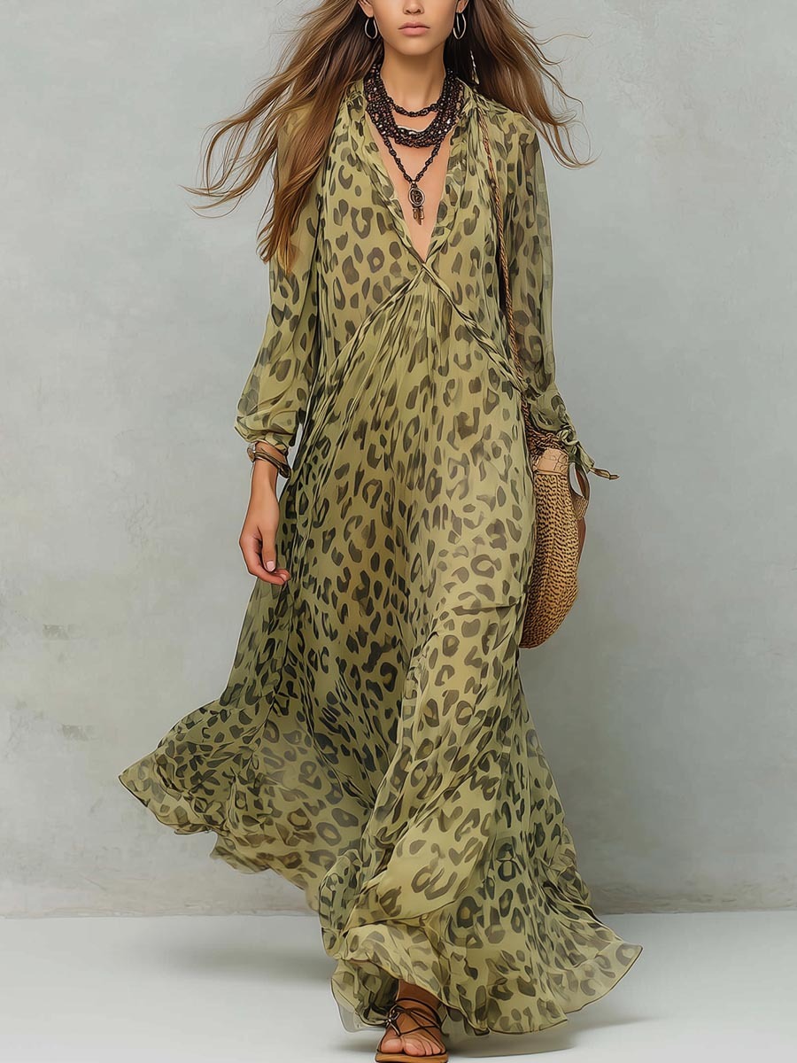 Casual Leopard Print Flowy Chiffon Maxi Dress