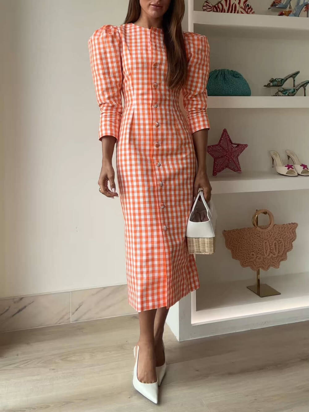 Classic Plaid Print Linen With Puff Shoulder Buttons Midi Dress