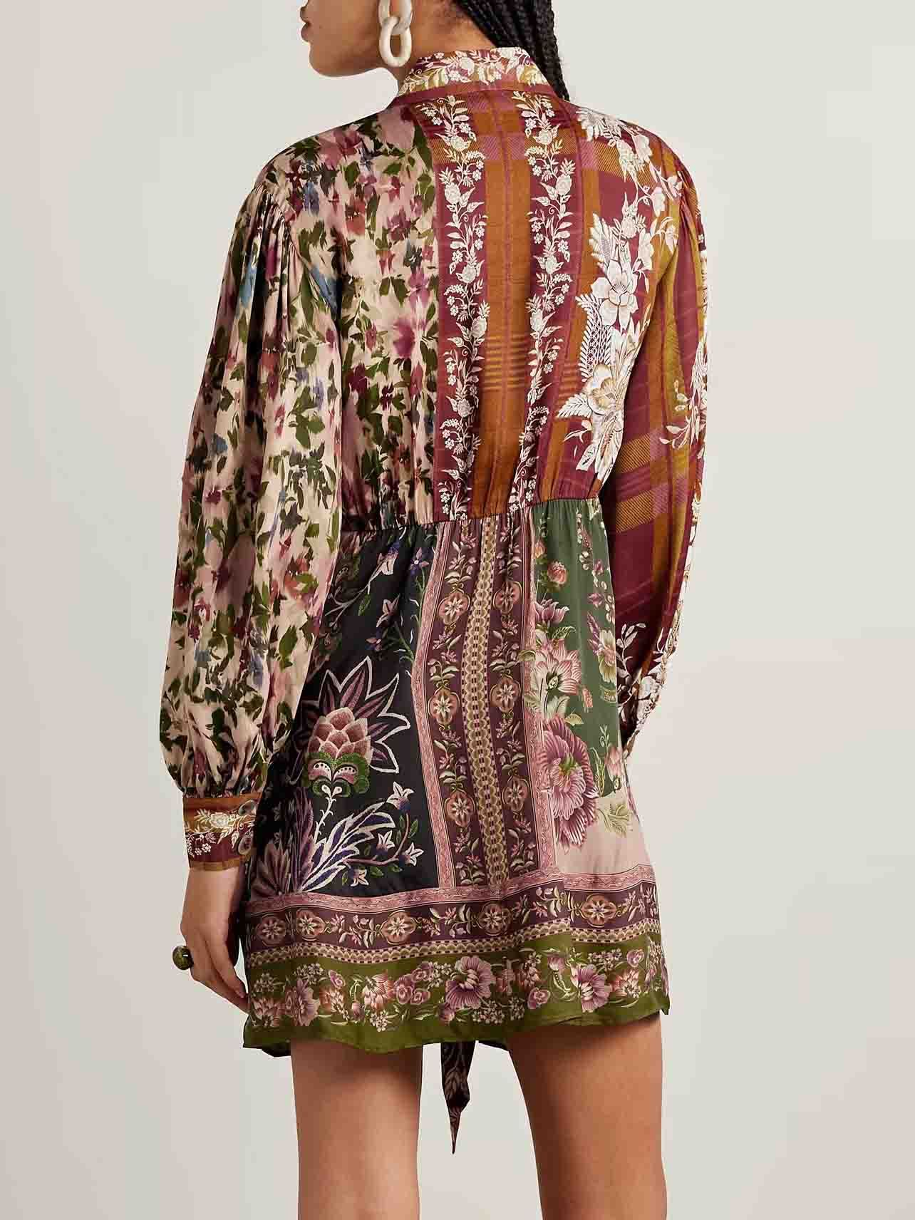 Retro Floral Print Tie Shirt Mini Dress