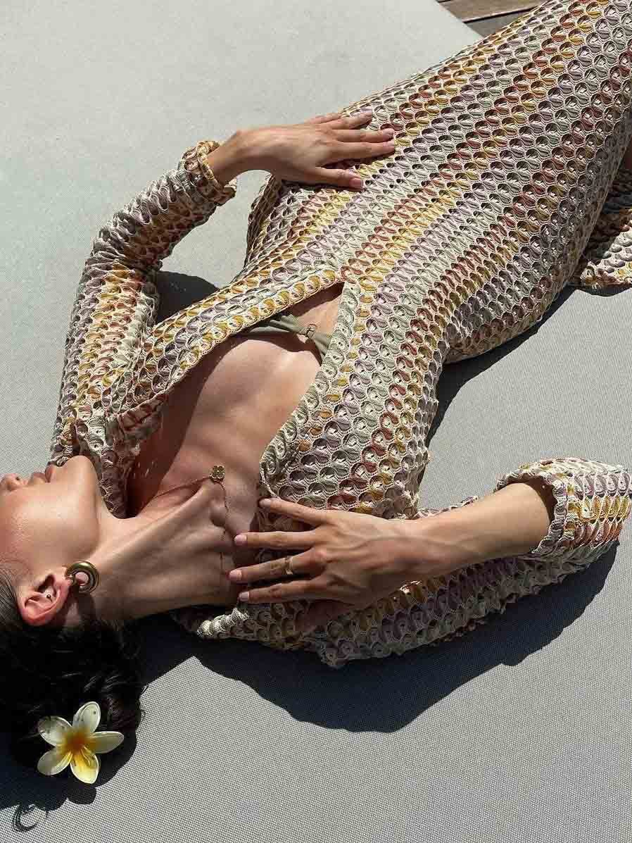 Casual Shirt Collar Slit Wave Stripe Crochet Holiday Maxi Dress