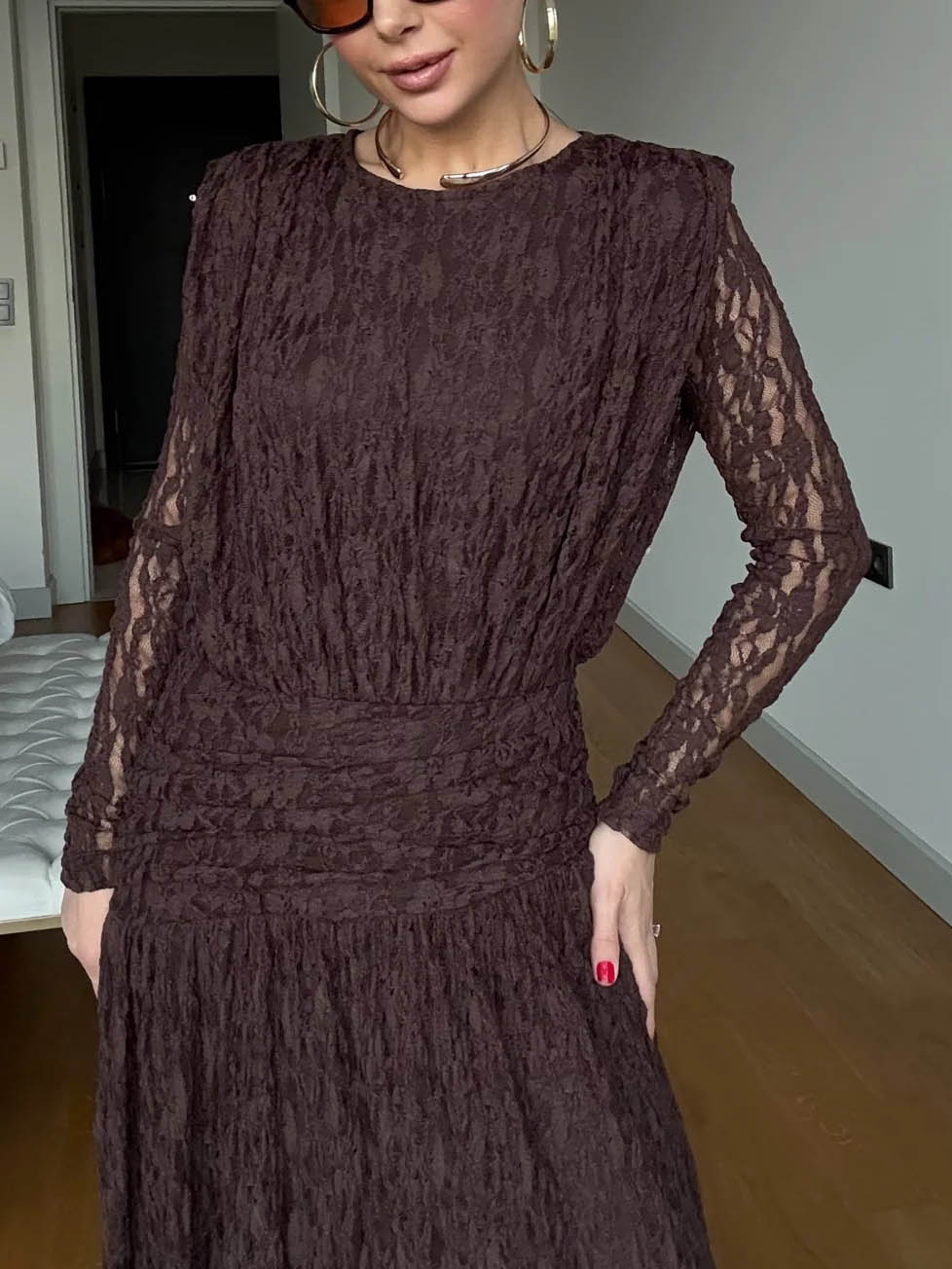 Elegant Long-Sleeve Lace-Textured Maxi Dress