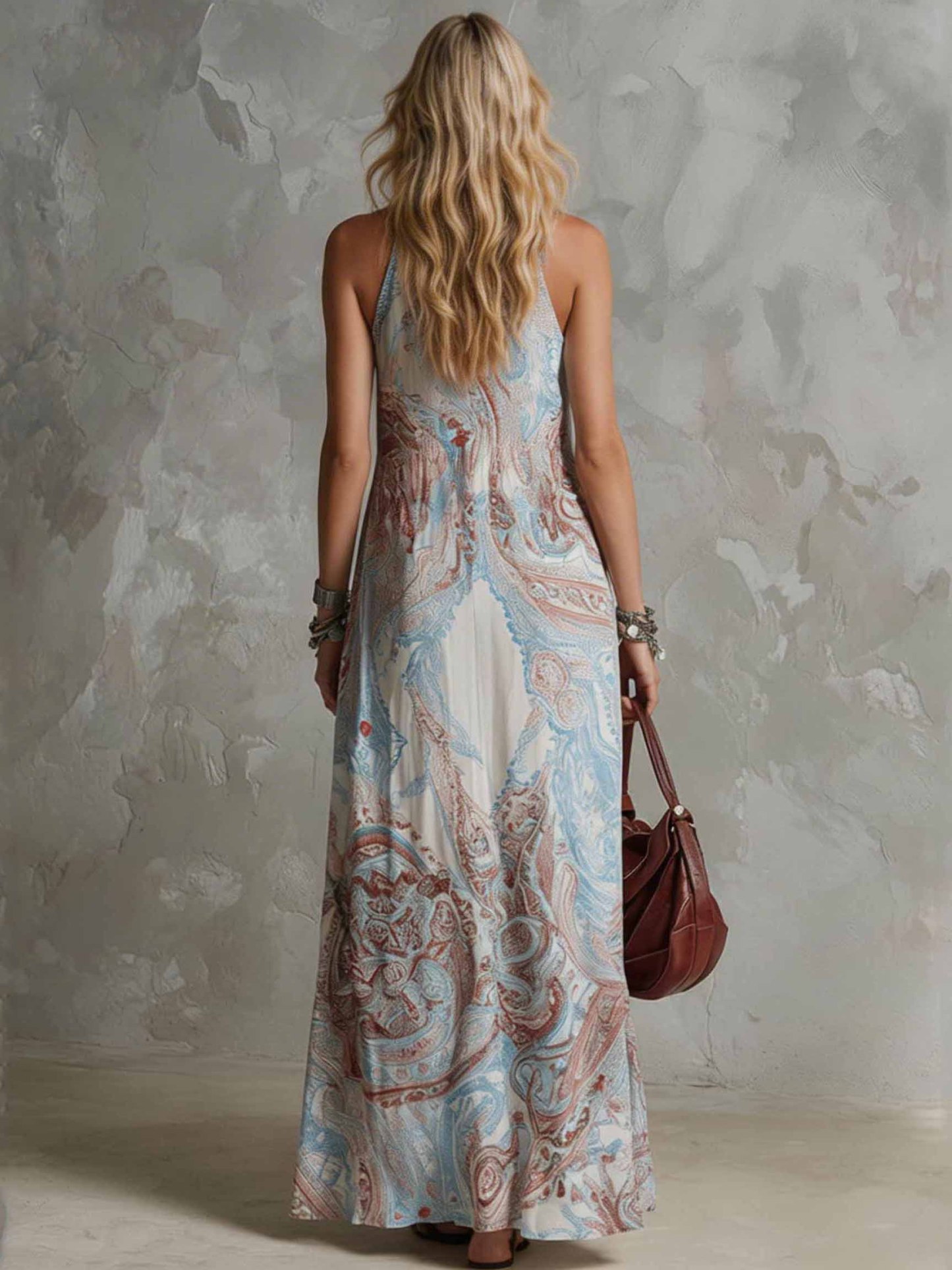 Retro Ethnic Print Sleeveless Chiffon Maxi Dress