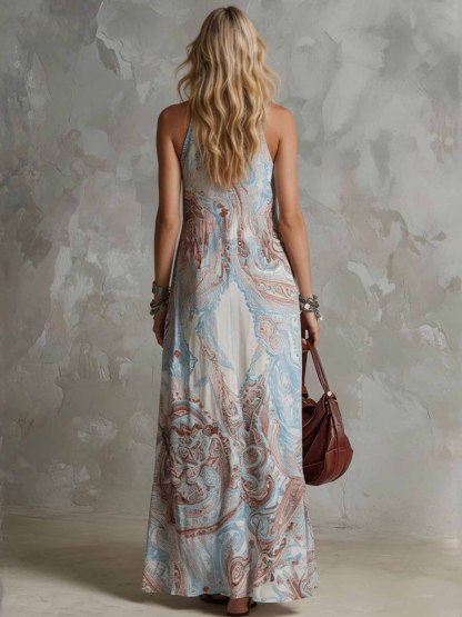 Retro Ethnic Print Sleeveless Chiffon Maxi Dress