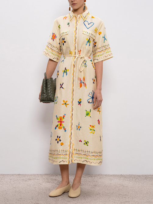 Elegant Hand-Painted Watercolor Print Shirt Midi Dress