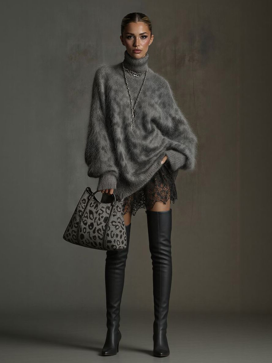 Casual High-neck Leopard-print Knitted Sweater