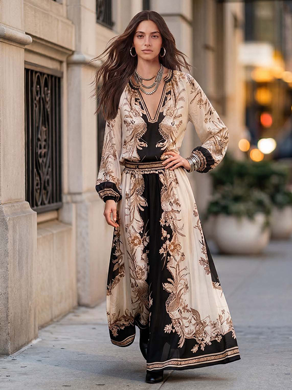 Elegant Retro Ethnic Print Two-Piece Dress