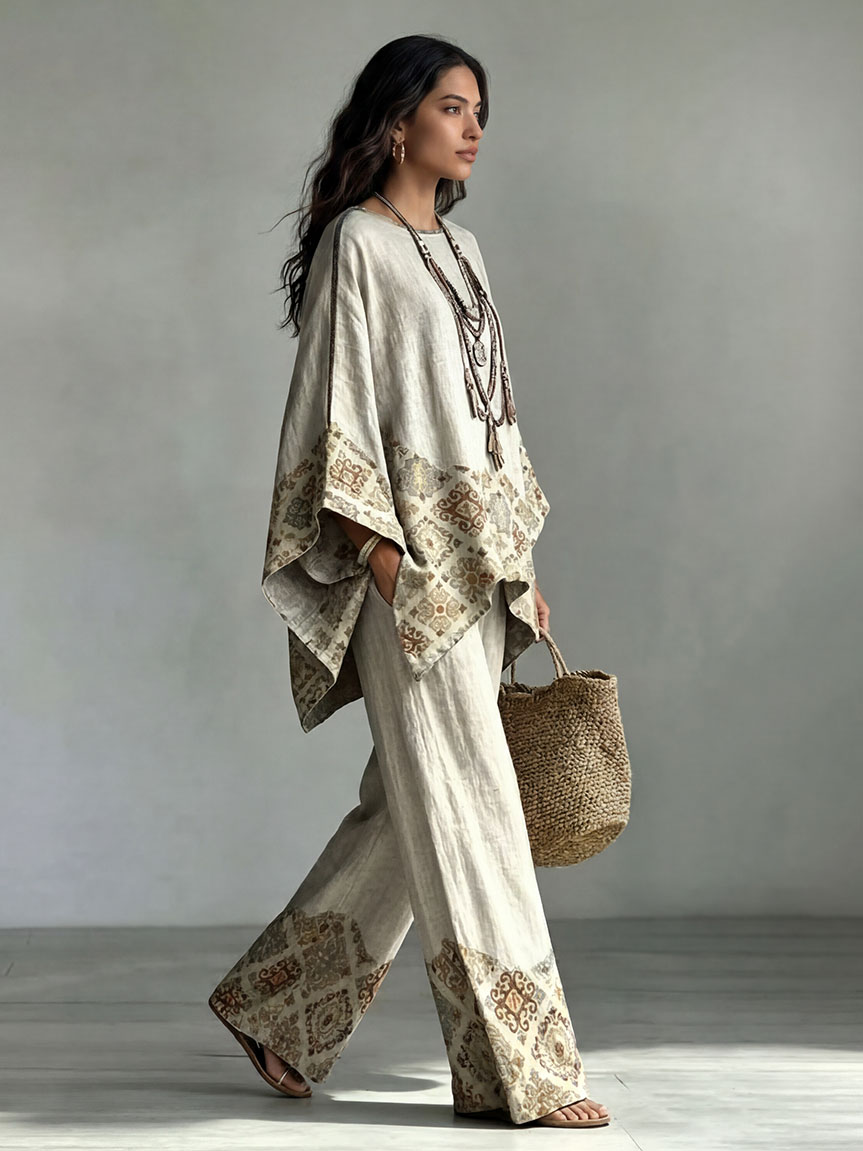 Retro Ethnic Print Loose Batwing Sleeve Irregular Hem Shirt Two-Piece Set