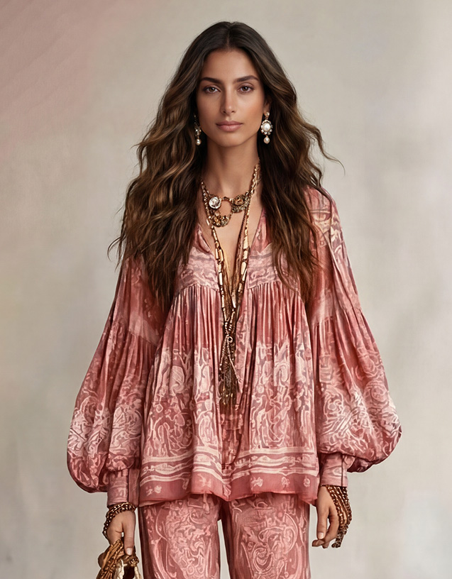 Bohemian Paisley Print Balloon Sleeve Blouse & Pants Two-Piece Set