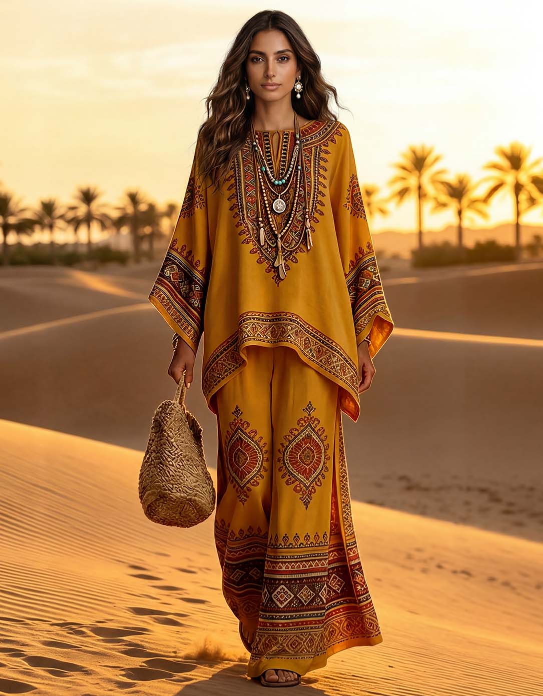 Exquisite Ethnic Print Batwing Sleeve Loose Two-Piece Set