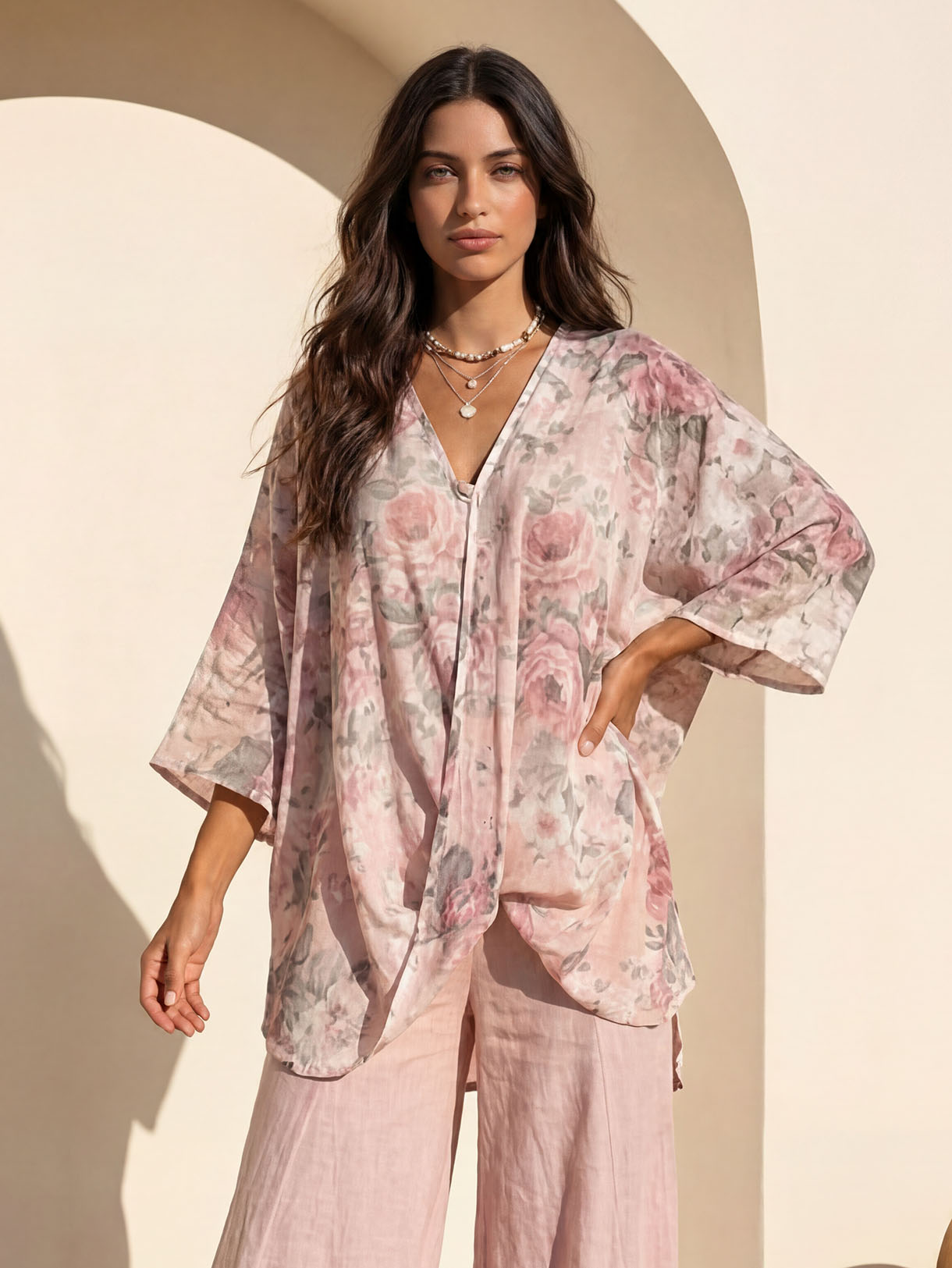 Casual Floral Print Flowing Top & Wide-Leg Pants Set