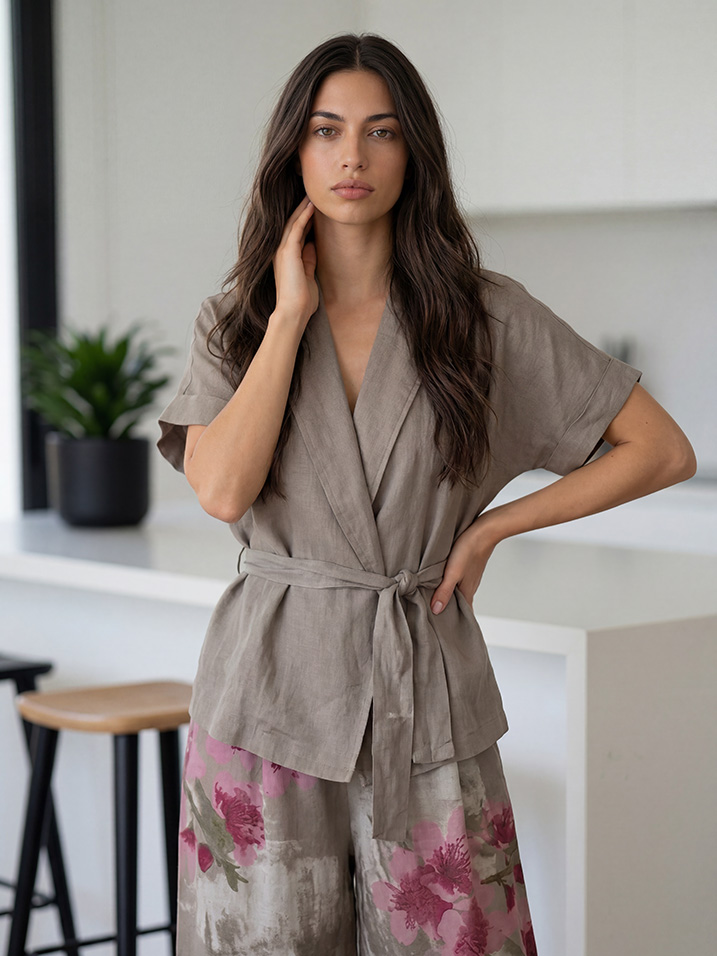 Casual Wrap Top & Floral Print Wide-Leg Pants Two-Piece Set