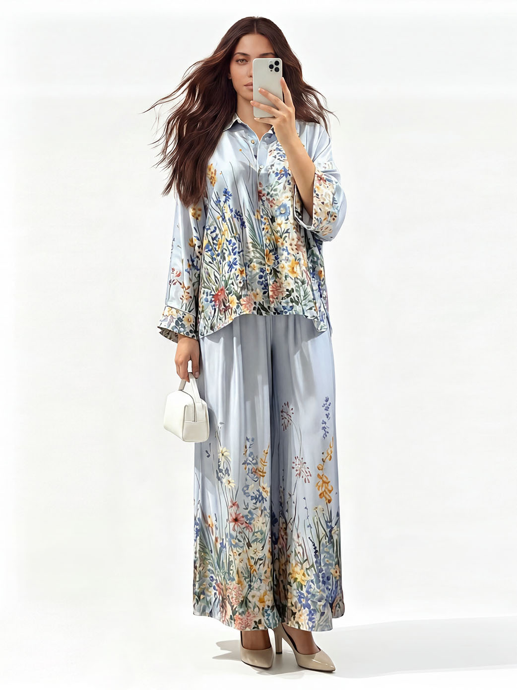 Elegant Floral Print Satin Button Shirt
