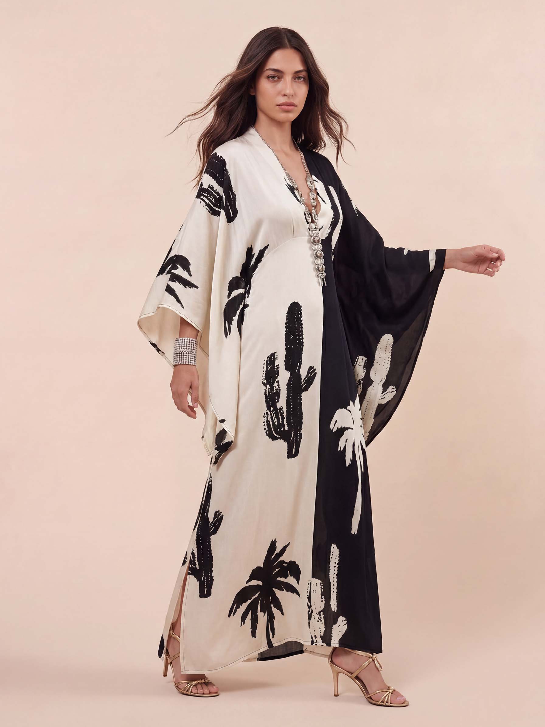Bohemian Palm Print Colorblock Kaftan Maxi Dress