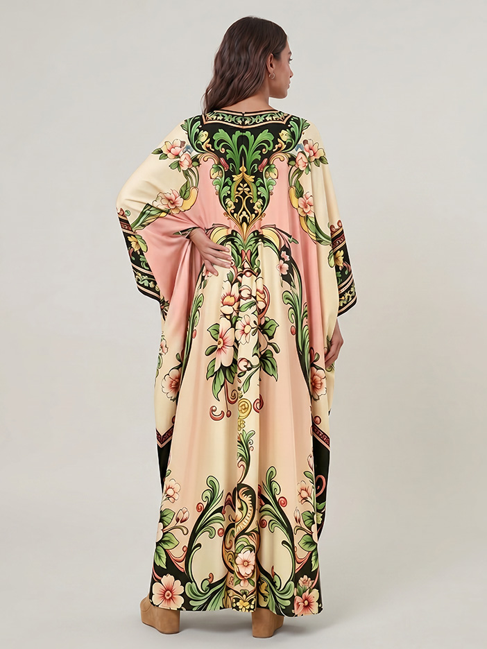 Elegant Floral Print V-Neck Batwing Sleeve Maxi Dress